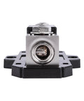 Front view of Heavy Duty Inline ANL Fuse Holder with 200 Amp Fuse for 1/0 or 4 Gauge Car Audio Wiring, solid zinc core, black base.