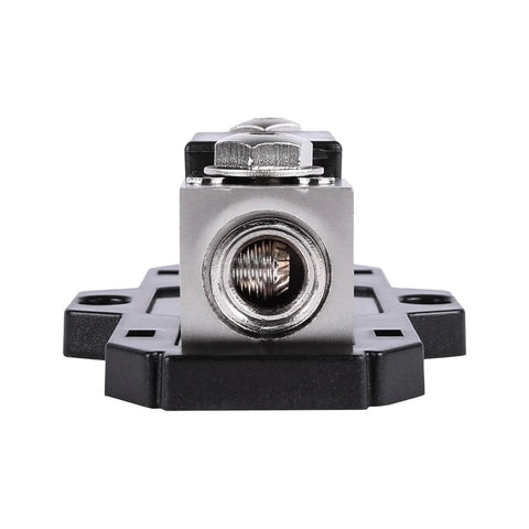 Front view of Heavy Duty Inline ANL Fuse Holder with 200 Amp Fuse for 1/0 or 4 Gauge Car Audio Wiring, solid zinc core, black base.