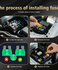 Four-step process of using the Car Fuses Assortment Kit With 1200 Pcs Of Fuses, including locating, removing, inspecting, and replacing fuses