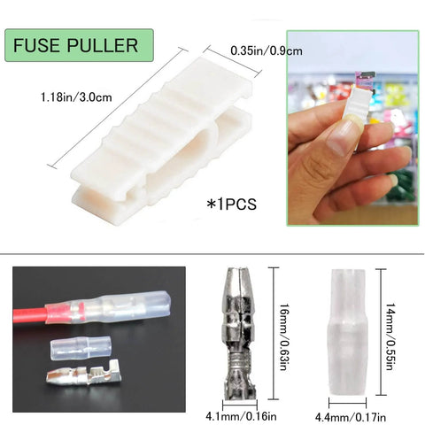 Fuse puller and connectors from Low Profile Mini Blade Fuse Tap Kit With Wire Harness, 3 Pack For Cars Trucks And Boats, Includes 8 Fuses (3A, 5A, 7.5A, 10A, 15A, 20A, 25A, 30A) And A Fuse Puller, 12V-24V-32V Auto Electrical Accessory For Easy DIY Upgrades.