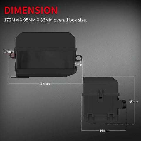 Dimensions of 6-Slot ATC/ATO Fuse And Relay Box Kit For Truck And Boat, showing 172mm x 95mm x 86mm overall size.