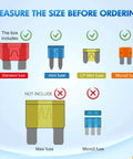 Diagram showing fuse types included in DIY Ready Car Fuses Kit 372 Piece Assortment with Standard, Mini, LP Mini, Micro2 fuses.