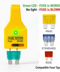 Fuse Tester For 12V And 24V Automotive Systems with LED indicator and compatible blade fuses shown next to tester.