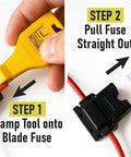 Fuse Tester For 12V And 24V Automotive Systems With Universal ATO ATC ATM And Maxi Blade Fuses LED Indicator Lights Up To Confirm A Good Fuse Lets You Check Fuses Fast On Cars Trucks And SUVs being used to remove a blade fuse in two steps.