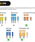 Diagram showing different fuses: Micro2, Micro3, low-profile mini, mini, and ATO regular fuses with compatibility indications.