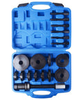 19pcs Front Wheel Drive Bearing Removal Installation Service Tool Kit in blue case, showing tools and components for FWD bearing installation.