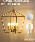 G16.5 Globe LED Candelabra Bulbs in a gold chandelier with golf ball size comparison, highlighting compact design for tight spaces.