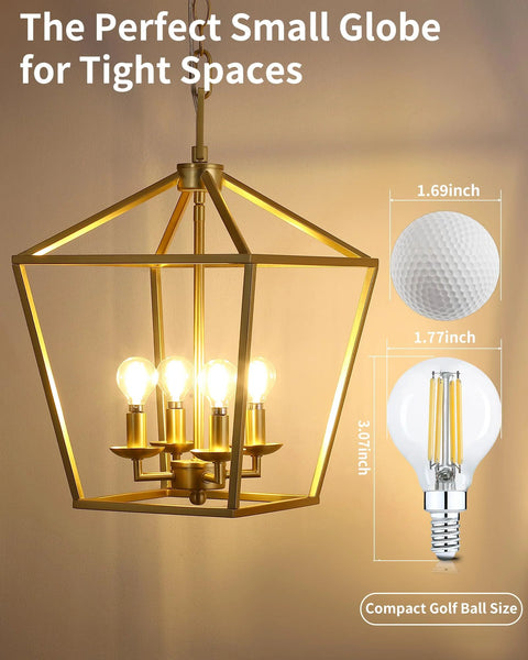 G16.5 Globe LED Candelabra Bulbs in a gold chandelier with golf ball size comparison, highlighting compact design for tight spaces.