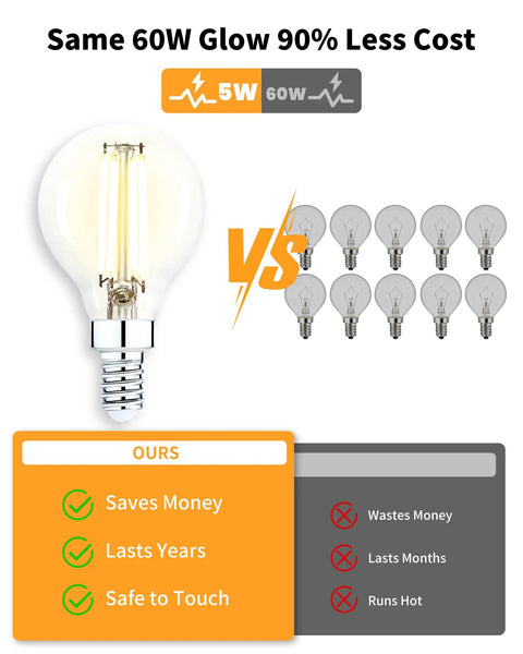 Comparison of G16.5 Globe LED Candelabra Bulbs 60W Equivalent Dimmable Soft White 2700K with incandescent bulbs, highlighting energy savings.