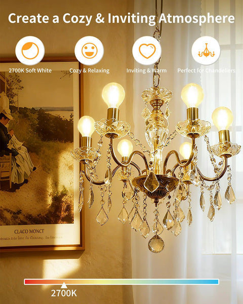 G16.5 Globe LED Candelabra Bulbs 60W Equivalent Dimmable Soft White 2700K Clear Glass in chandelier setting