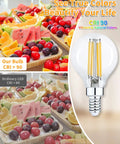 Comparison of fruit colors under G16.5 Globe LED Candelabra Bulbs 60W Equivalent Dimmable Soft White 2700K versus ordinary LED.
