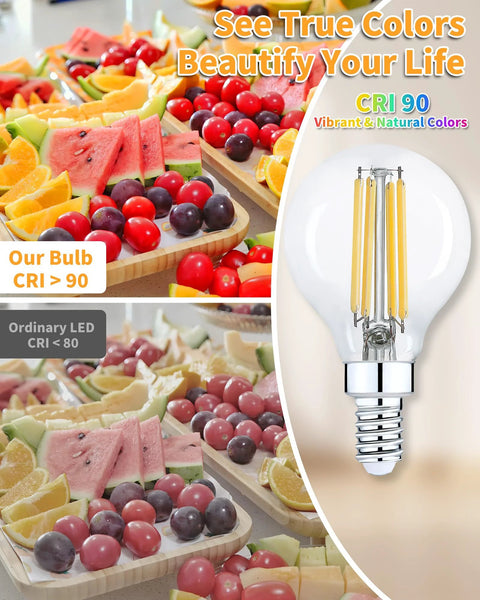 Comparison of fruit colors under G16.5 Globe LED Candelabra Bulbs 60W Equivalent Dimmable Soft White 2700K versus ordinary LED.