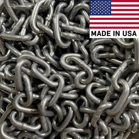Pile of US Made G43 High Test Anchor Chain 1 Quarter Inch Thick Hot Dip Galvanized For Heavy Duty Use, 20 Ft Length, Made in USA