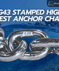 Close-up of G43 stamped 1/4" anchor chain, ISO AISI 316 Marine Grade stainless steel, polished finish, against ocean backdrop