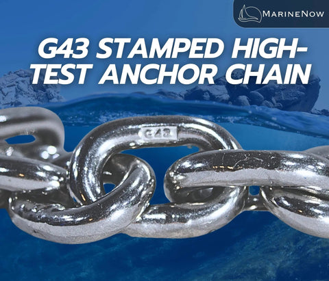 Close-up of G43 stamped 1/4" anchor chain, ISO AISI 316 Marine Grade stainless steel, polished finish, against ocean backdrop