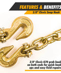 3/8'' Clevis snap hook on G70 Transport Chain 3/8'' x 10 Foot - 6,600 Pound for Load Tie-Down, Trailer, Flatbed, Farm Tow Chain