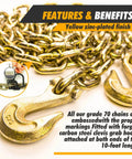 G70 Transport Chain 3/8'' x 10 Foot with hooks, yellow zinc-plated finish, for load tie-down and motion systems.