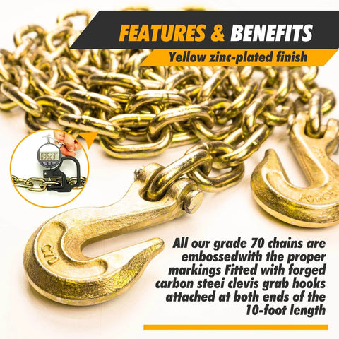 G70 Transport Chain 3/8'' x 10 Foot with hooks, yellow zinc-plated finish, for load tie-down and motion systems.