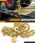 G70 Transport Chain 3/8'' x 10 Foot - 6,600 Pound, Log Chain used as tie-down on trailer with tractor, close-up view of chain with hook
