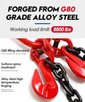 Shipping Container Loading Chain (1/2" x 5'), Container Chain Bridle Hooks G80 with V-Chain, close-up of red hooks and chain