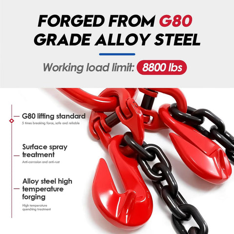Shipping Container Loading Chain (1/2" x 5'), Container Chain Bridle Hooks G80 with V-Chain, close-up of red hooks and chain