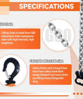 Specifications of 1650 lbs Lever Chain Hoist showing G80 chain and safety hook latch design for outdoor no power use.