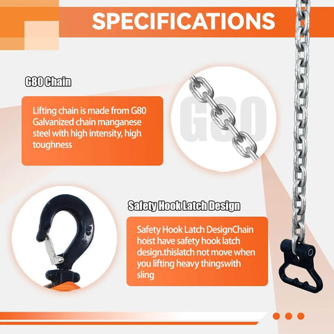Specifications of 1650 lbs Lever Chain Hoist showing G80 chain and safety hook latch design for outdoor no power use.