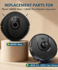 Front view of G8000 Max and L8000 Pro 2025 Version robot vacuums for Replacement Parts Kit For G8000 Max And L8000 Pro Robot Vacuums Includes 2 Main Brushes 6 Side Brushes 6 HEPA Filters And 6 Mop Pads Compatible With G8000 Max And L8000 Pro 2025 Version For Easy Maintenance.