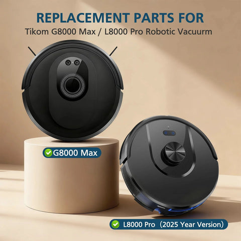 Front view of G8000 Max and L8000 Pro 2025 Version robot vacuums for Replacement Parts Kit For G8000 Max And L8000 Pro Robot Vacuums Includes 2 Main Brushes 6 Side Brushes 6 HEPA Filters And 6 Mop Pads Compatible With G8000 Max And L8000 Pro 2025 Version For Easy Maintenance.