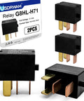 Two Pack Automotive Relay G8HL H71 12VDC Compatible With Honda Accord 2003 2014 Civic 2006 2014 Acura MDX CRV CRZ Element Car Ideal Relay For AC Compressor Headlights Horns Electric Cooling Fans Fuel Pump And More. Four black relays with copper pins and packaging.