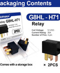Two Pack Automotive Relay G8HL H71 12VDC set with packaging box and relay specifications