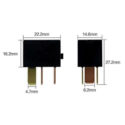 2 Pack G8HL-H71 AC And Starter Relay Compatible With Crosstour CR-V CR-Z Element Insight Odyssey Pilot Acura TL TSX MDX Built Tough Made In USA For Reliable HVAC And Electrical Relay Replacement OEM Grade Long Lasting Performance, side view with dimensions