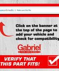 Guide for checking vehicle compatibility of Gabriel shock absorbers on Amazon with a banner and check mark icon.