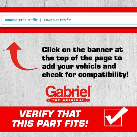Guide for checking vehicle compatibility of Gabriel shock absorbers on Amazon with a banner and check mark icon.