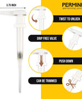 Image showing 14.5-inch 1 Gallon Pump Dispenser featuring twist to unlock, drip-free valve, push down action, and trim option.