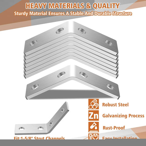 8 Piece 45 Degree Angle Brackets for 1-5/8 Inch Strut Channels with Four Hole Corner Braces Galvanized Steel in stack