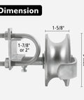 Side view of Five Inch Sliding Gate Rollers Two Pack For Chain Link Gates, Compatible With Two Inch Gate Frame And One And Five Eighths Inch Track Pipe, Galvanized Steel Wheel Hardware For Durable, Rust Resistant Gate Operation, showing dimensions.