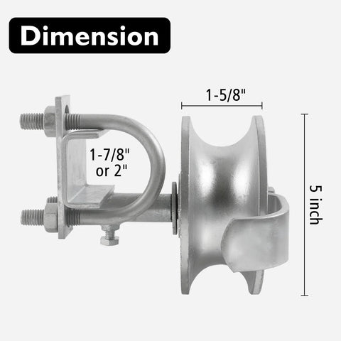Side view of Five Inch Sliding Gate Rollers Two Pack For Chain Link Gates, Compatible With Two Inch Gate Frame And One And Five Eighths Inch Track Pipe, Galvanized Steel Wheel Hardware For Durable, Rust Resistant Gate Operation, showing dimensions.