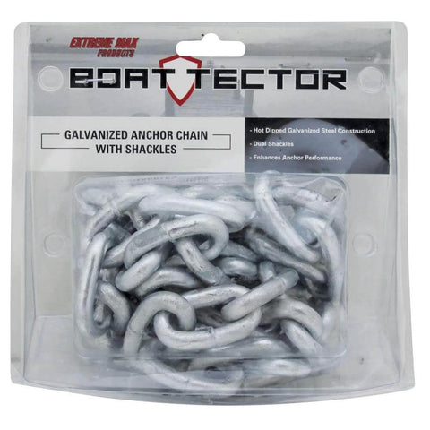 Packaging of Extreme Max 3006.6572 BoatTector Galvanized Steel Anchor Lead Chain - 5/16" x 5' with 3/8" Shackles displayed.