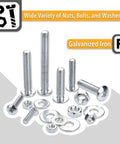 113 Piece Bolts Nuts And Washers Assortment Kit Galvanized Iron Hardware Set For Home Repair, display of galvanized fasteners.