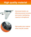 Close-up of 8 piece 4 inch heavy duty locking swivel casters with brake highlighting galvanized bracket and nylon wheel.