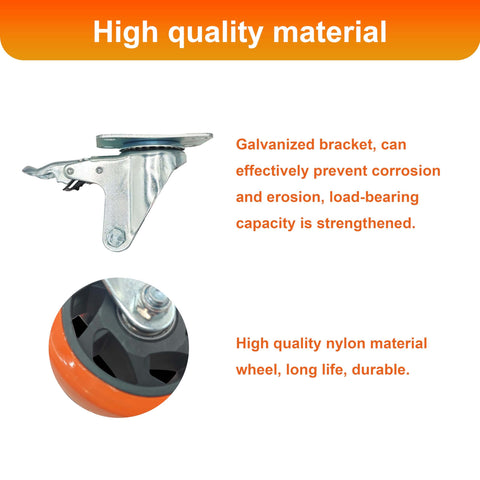 Close-up of 8 piece 4 inch heavy duty locking swivel casters with brake highlighting galvanized bracket and nylon wheel.