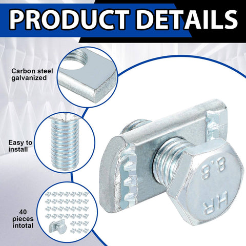 40 Piece Channel Nut And Bolt Set For One And Five Eighths Inch Strut Channel Galvanized Steel Fasteners For Construction Sites Factories And Industrial Installations, close-up view of a galvanized steel nut and bolt.