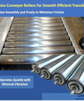 Galvanized steel conveyor rollers for smooth operation and stable alignment in automation systems, showcasing assembly and individual rollers.
