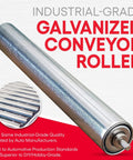 Galvanized conveyor roller showcasing industrial-grade finish, emphasizing automotive production standards, overlaid with text.