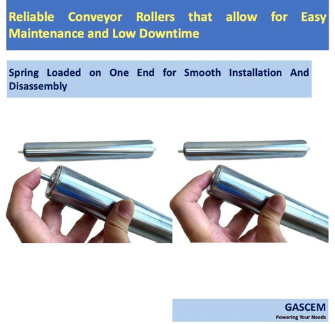 ✝️ 1.5" Dia 10"BF Length Galvanized Steel Conveyor Roller, Axle Diameter 1/4" I Pack of 4 Replacement Steel Rollers, shown installed and held