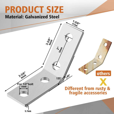 8 Piece 45 Degree Angle Brackets for 1-5/8 Inch Strut Channels with Four Hole Corner Braces Galvanized Steel 7/32 Inch Thick Delivering Durable Corrosion Resistant Framing Connectors for Fast Reliable Installations product diagram