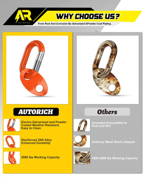 Comparison chart showing rust-resistant orange engine lift bracket against a rusted bracket with features listed.