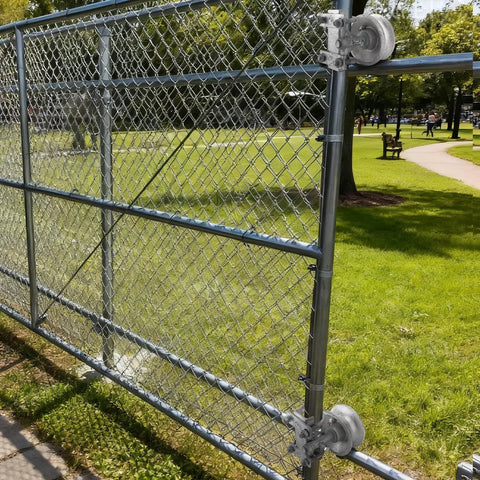 Installed 5 Inch Galvanized Steel Pipe Track Wheel Set For Chain Link Sliding Gates, Compatible With 1 7/8 Inch And 1 5/8 Inch Gate Frames