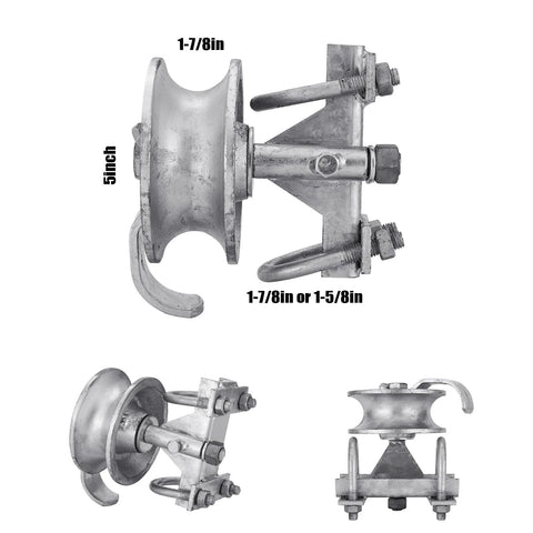 Sliding Gate Rollers Five Inch Wheel Size Galvanized Steel Hardware Kit For Two Inch Gate Frame And One Seven Eighths Inch Or One Five Eighths Inch Track Pipe Includes Double U Bolt For Chain Link Gates Pack Of One.
